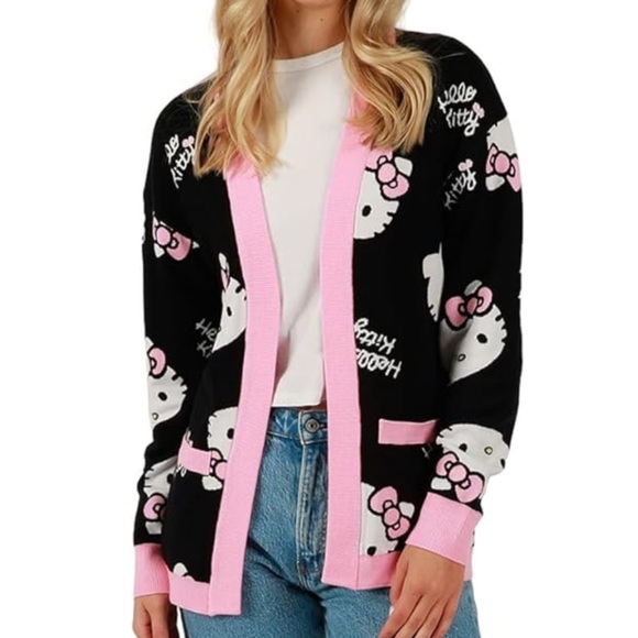 Hello Kitty Black and Pink Open Front Cardigan Sweater - Picture 1 of 10